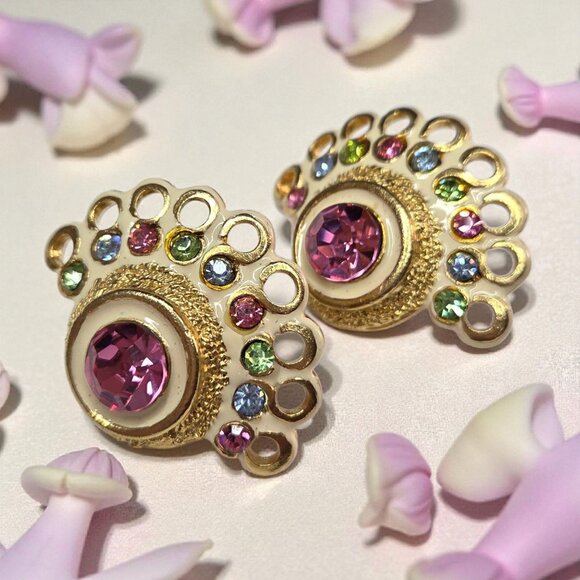 CRAFT 1980's Oversized Vintage Pastel Crystal Enamel Fan Earrings - Picture 4 of 7